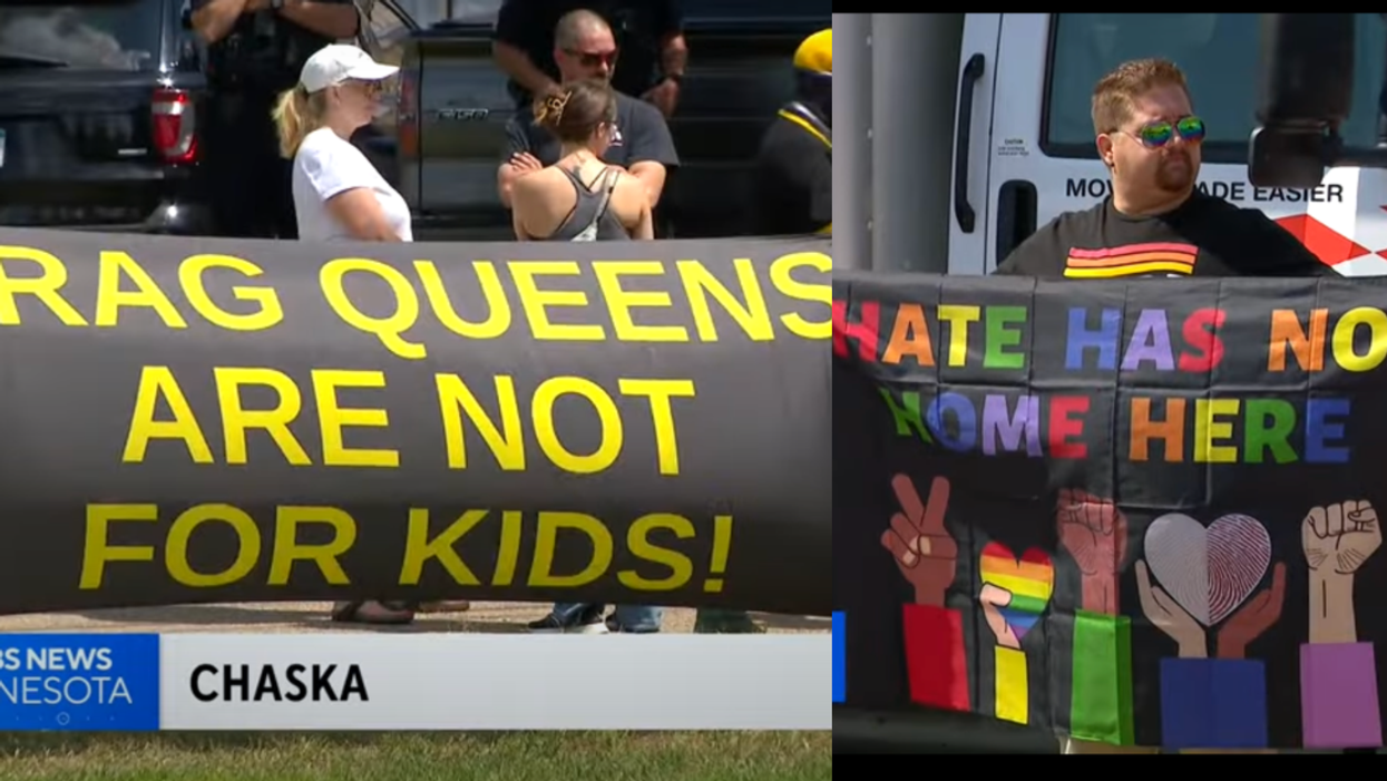 split screenshot of protesters holding sign reading “drag queens are not for kids!” (L), and counter protester holding sign reading “hate has no home here” (R)