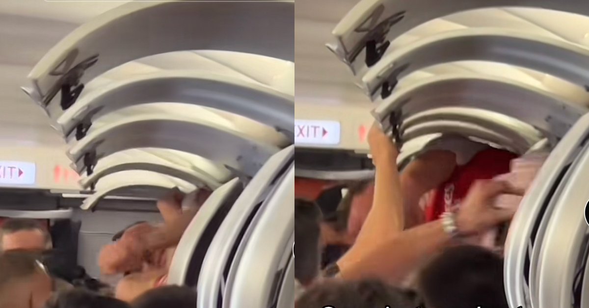 Split screenshot of TikTok video showing man coming out of overhead bin on airplane