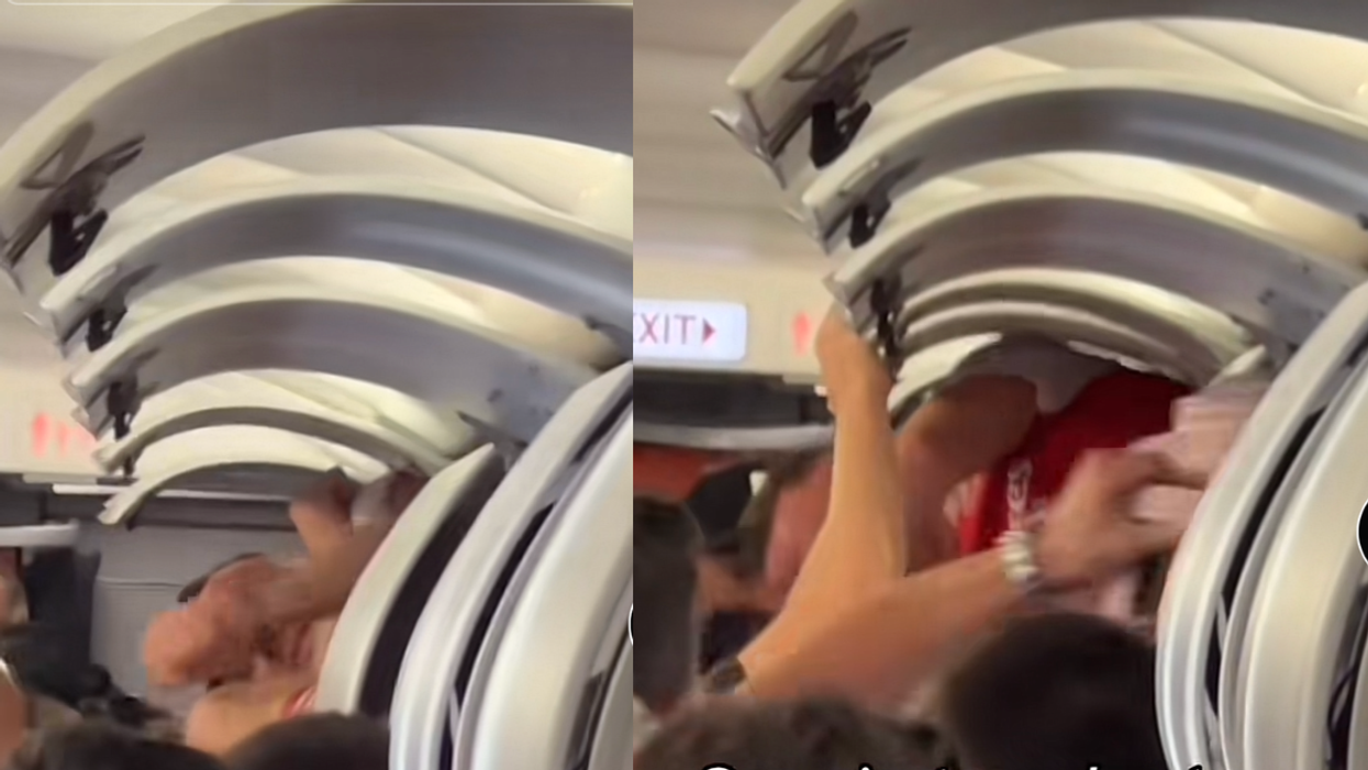 Split screenshot of TikTok video showing man coming out of overhead bin on airplane