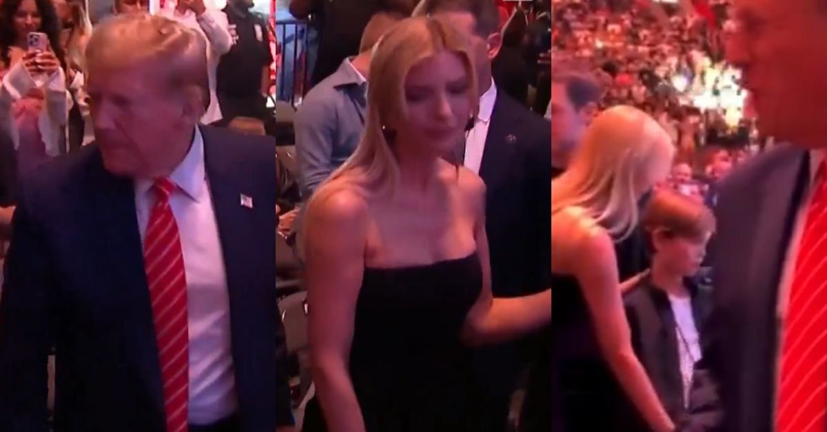 Split screenshots from viral video of Donald Trump, daughter Ivanka, and grandson Joseph 