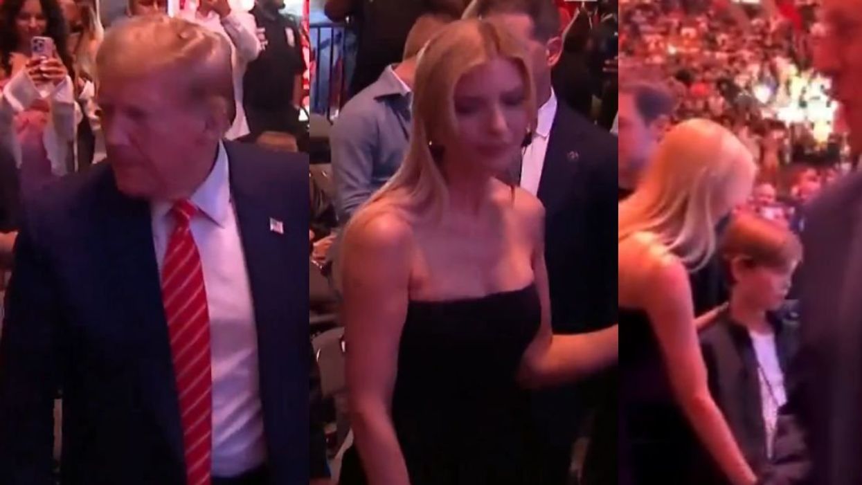Split screenshots from viral video of Donald Trump, daughter Ivanka, and grandson Joseph