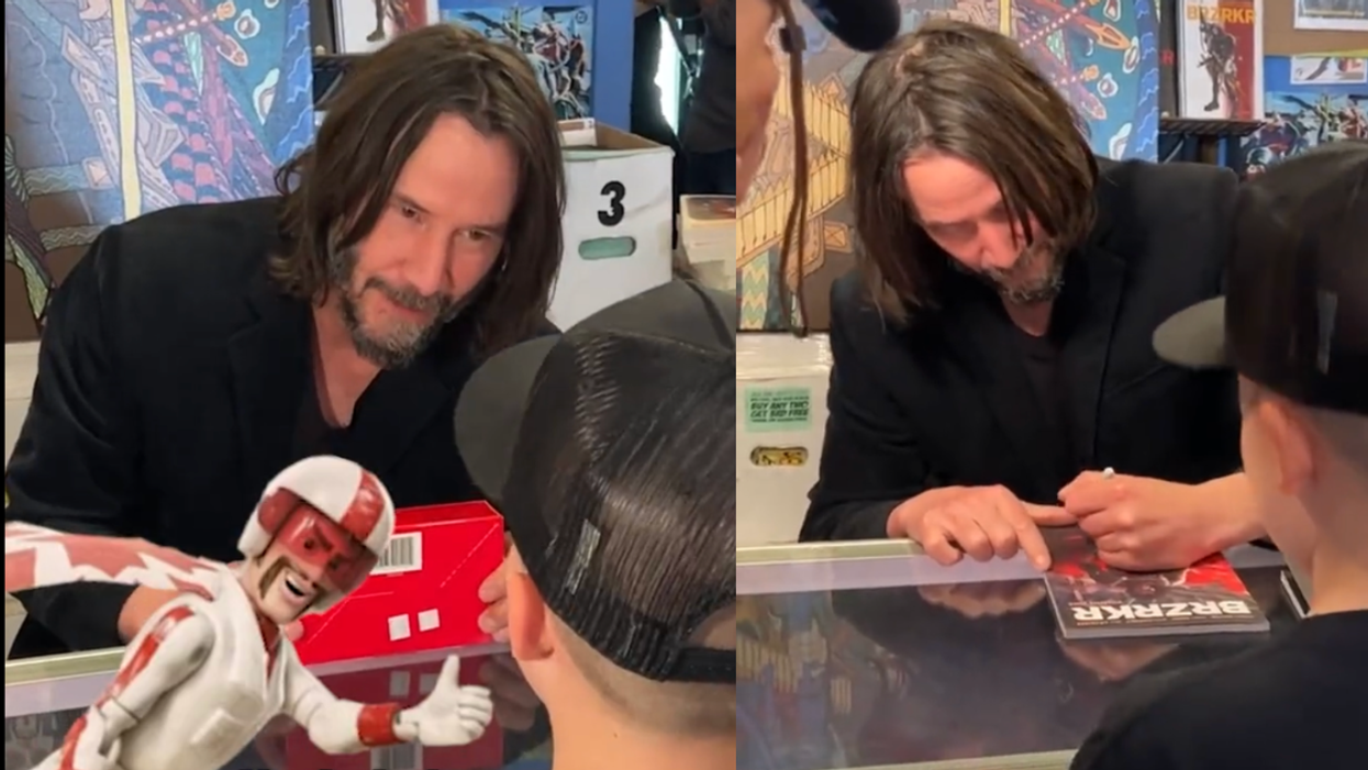 Split screenshots of Keanu Reeves talking to little boy fan, Noah, while signing autographs