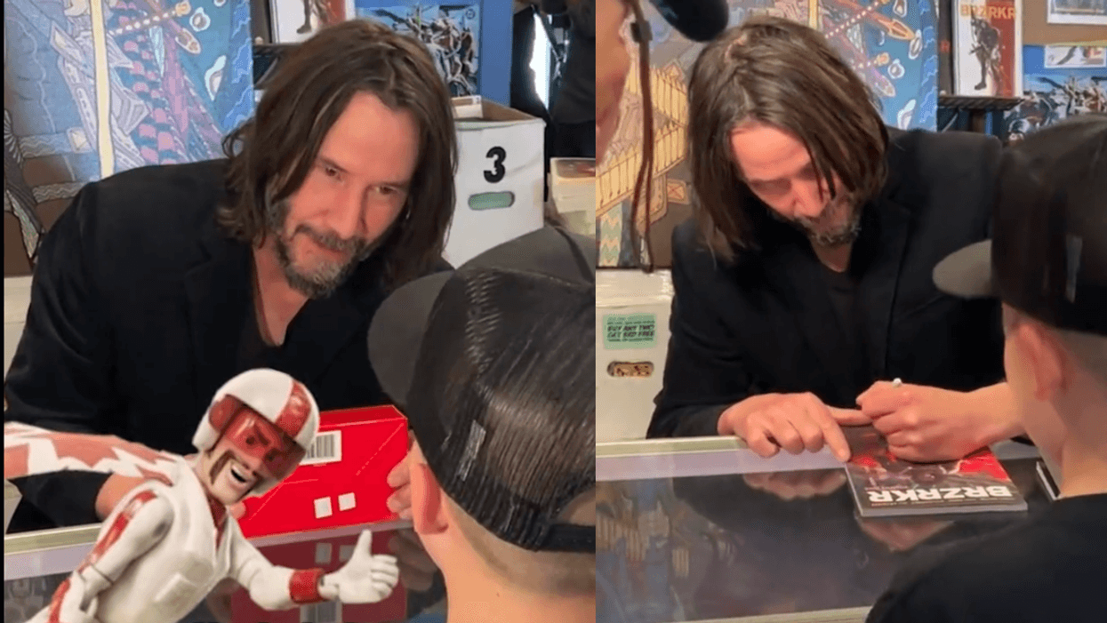 Split screenshots of Keanu Reeves talking to little boy fan, Noah, while signing autographs
