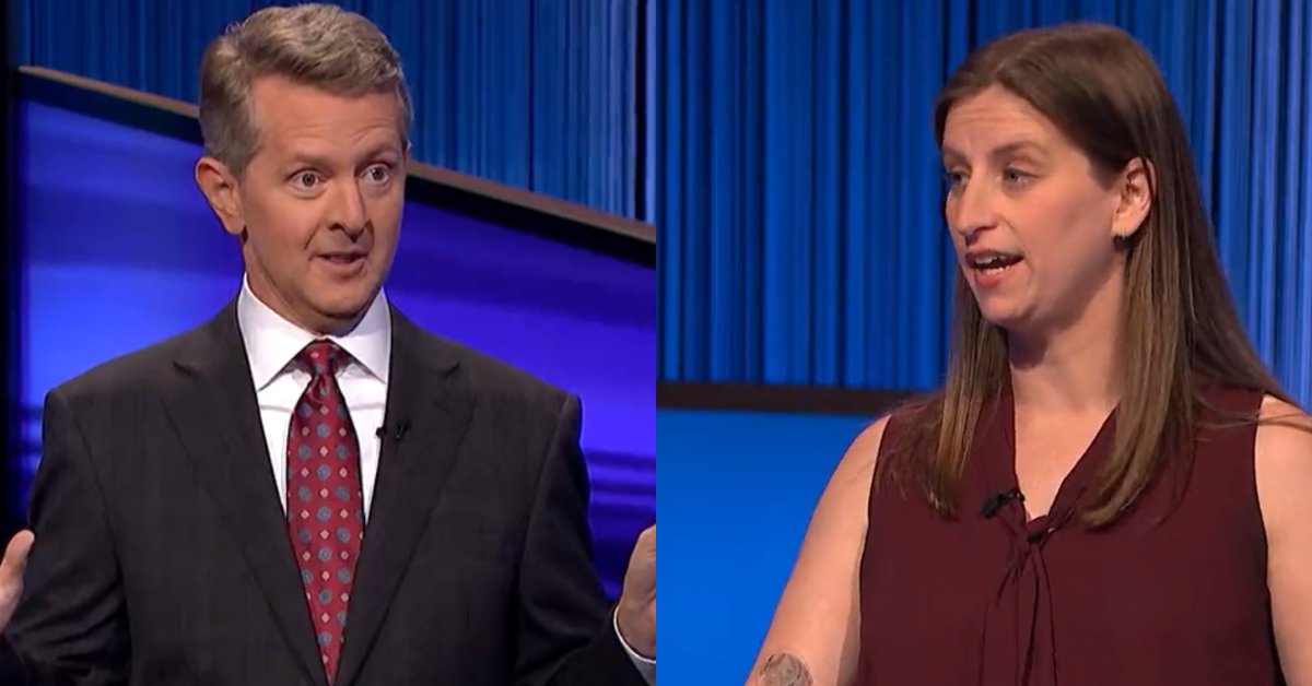Split screenshots of Ken Jennings (L) and contestant Emily Seaman Hoy (R)