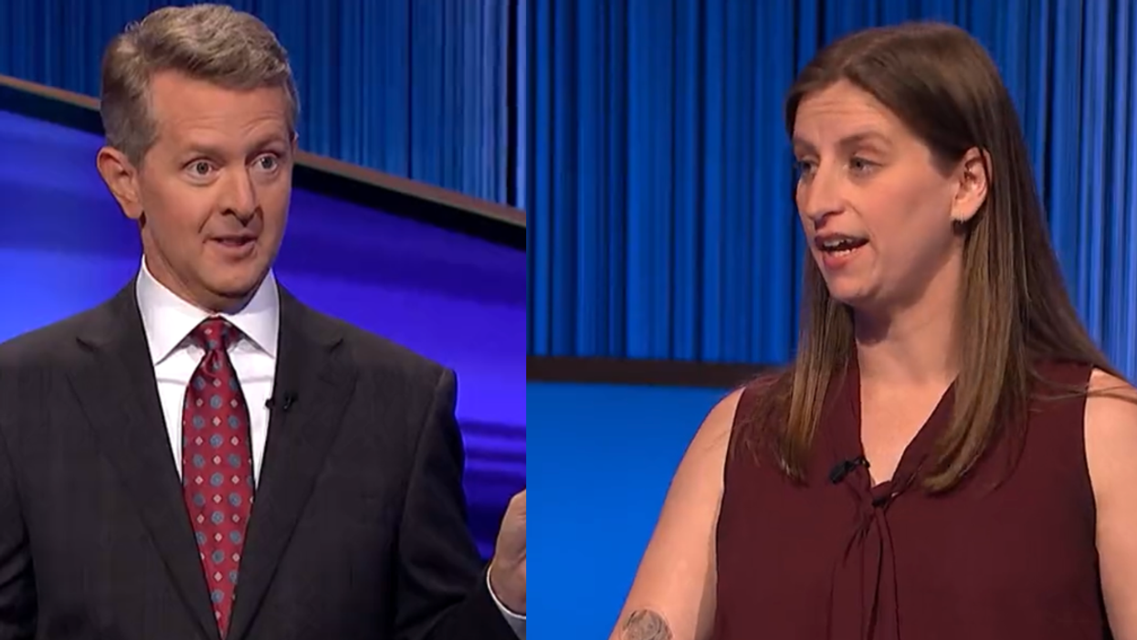 Split screenshots of Ken Jennings (L) and contestant Emily Seaman Hoy (R)