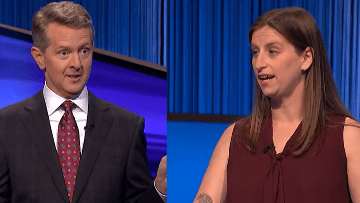 Split screenshots of Ken Jennings (L) and contestant Emily Seaman Hoy (R)