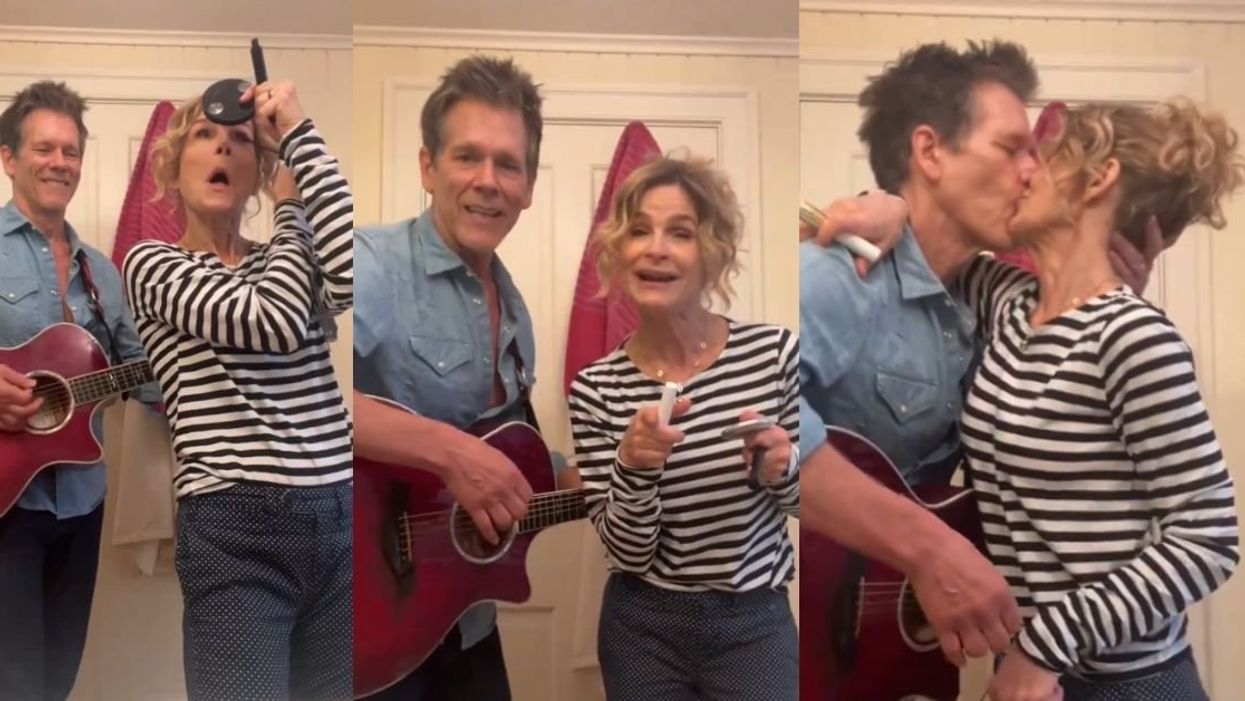 Split screenshots of Kevin Bacon's video of him and Kyra Sedgwick singing in the bathroom