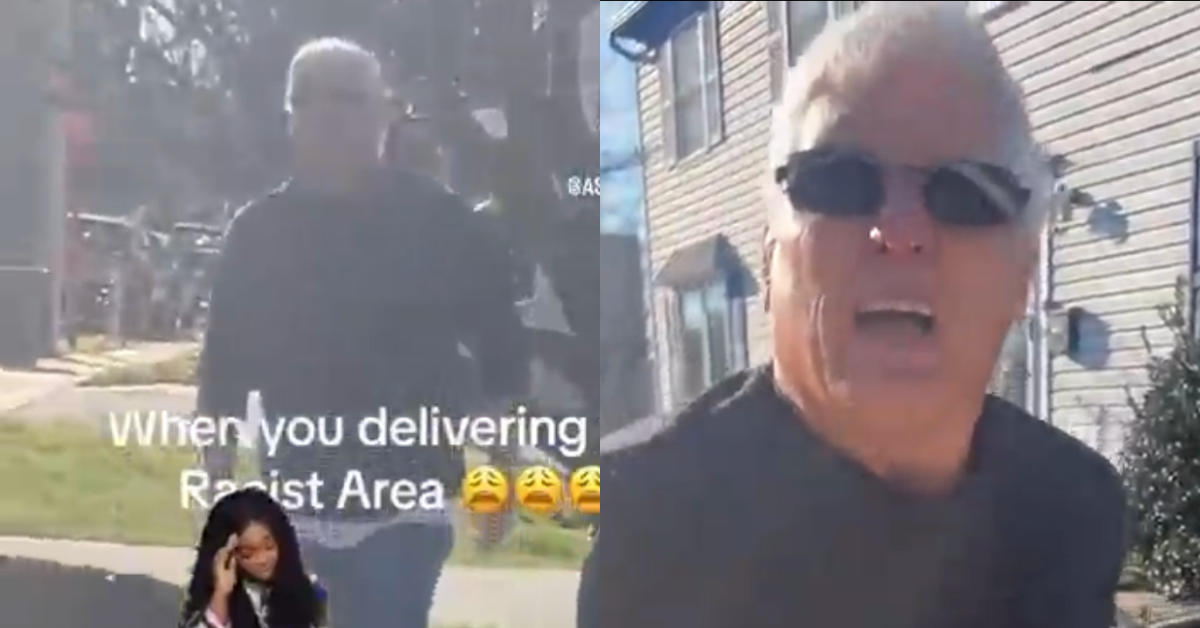 Split screenshots of man threatening delivery woman