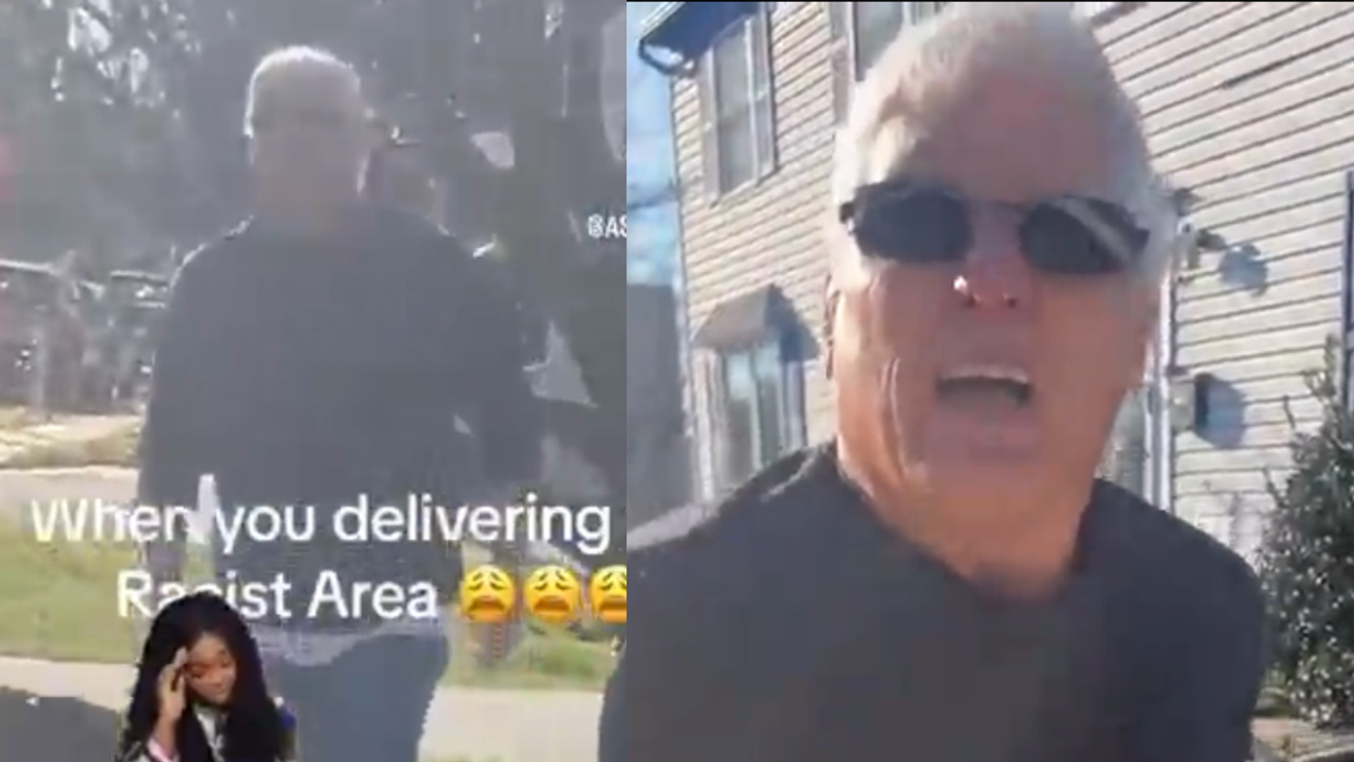 Split screenshots of man threatening delivery woman