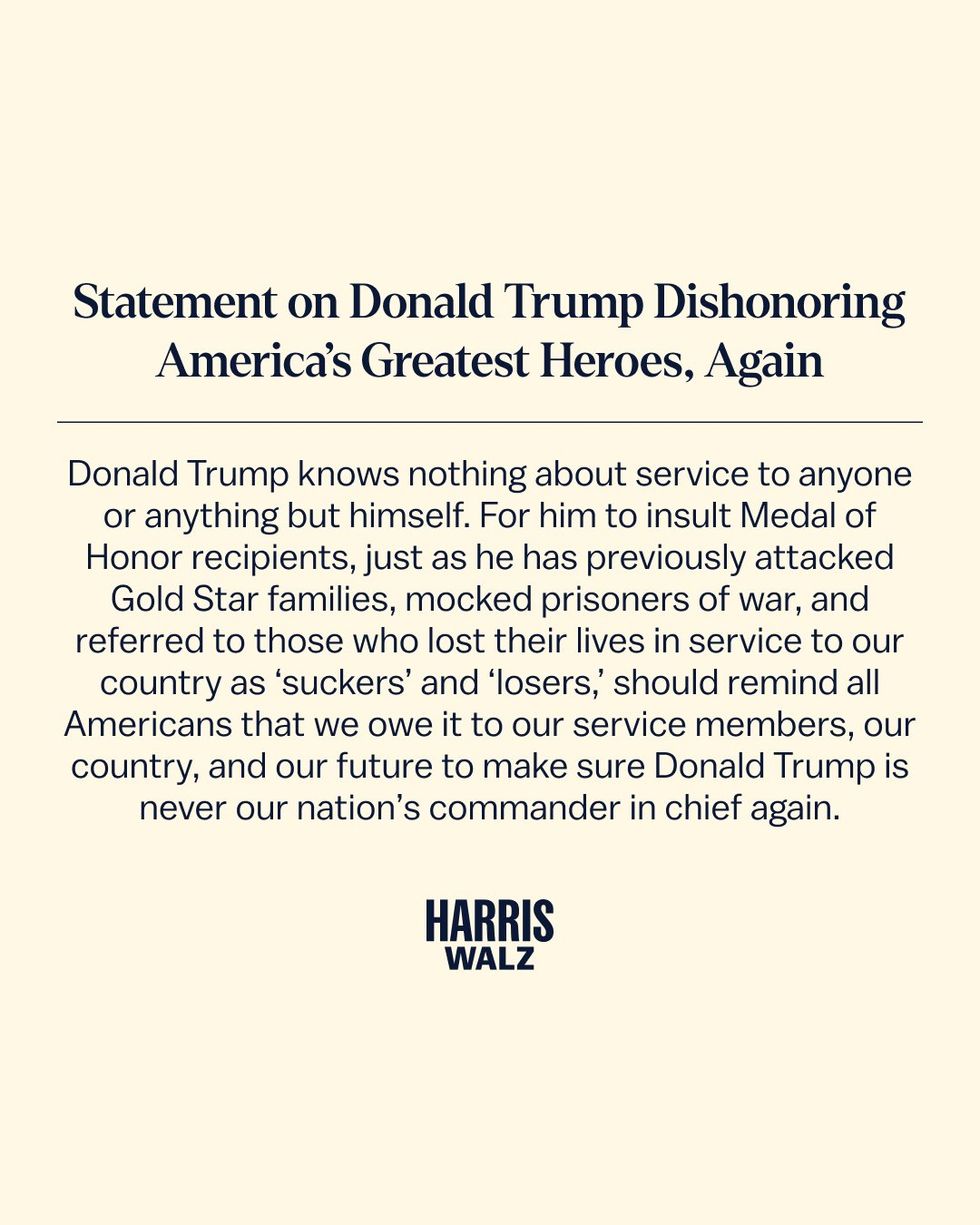 Statement from Harris campaign response to Donald Trump's remarks about the Medal of Honor
