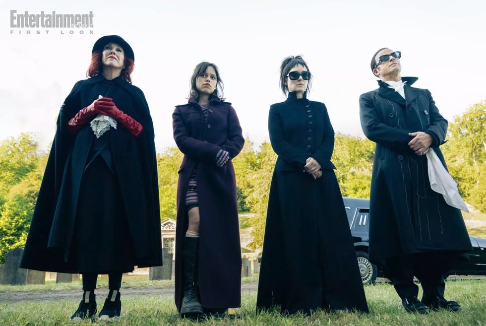 Still of O'Hara, Ortega, Ryder, and Theroux in "Beetlejuice Beetlejuice"