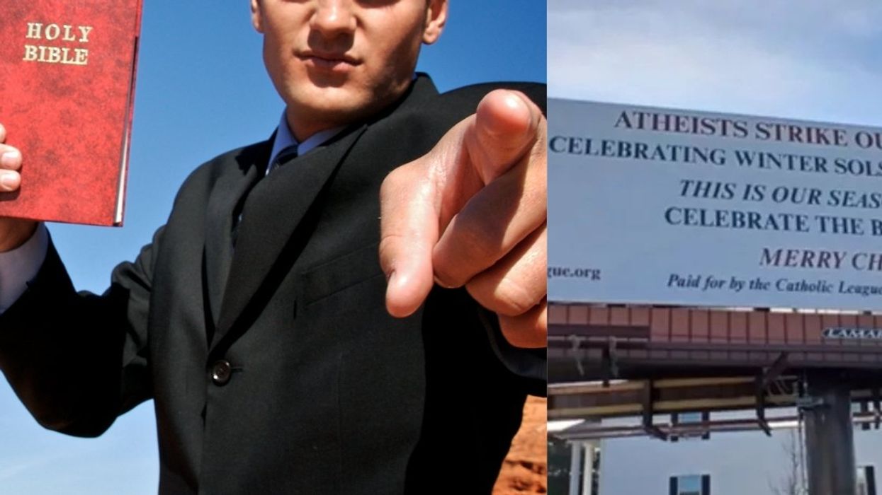 Stock photo of man holding Bible; part of the billboard