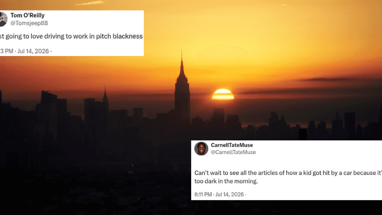 sunrise over New York City with screenshots of X reactions to permanent Daylight Savings Time