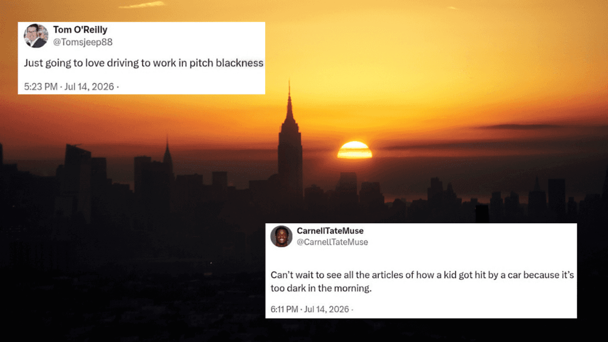 sunrise over New York City with screenshots of X reactions to permanent Daylight Savings Time