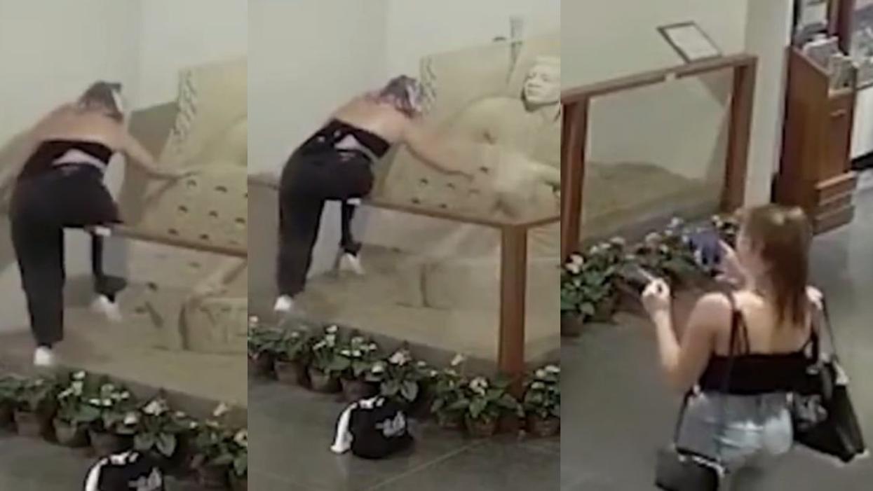 Surveillance shots of a girl destroying a sand sculpture display