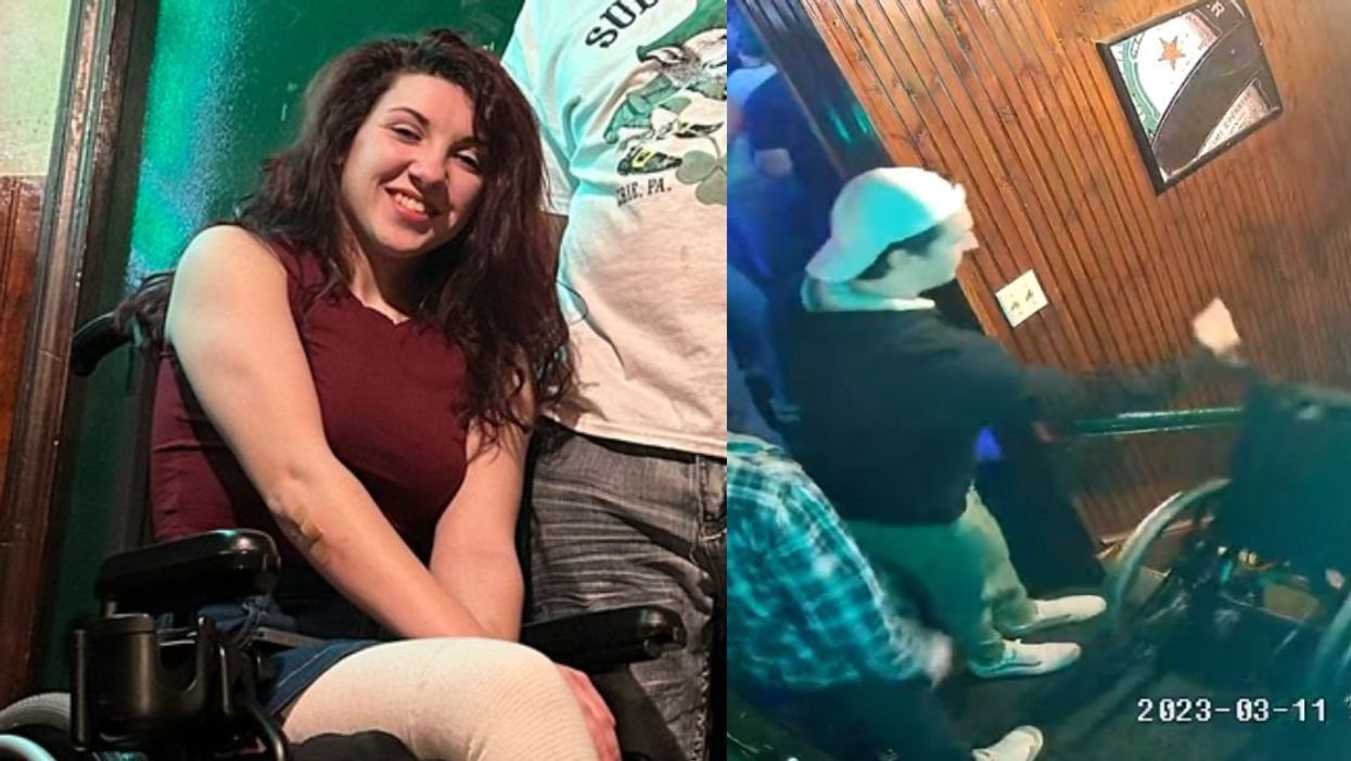 Sydney Benes; Screenshot of Carson Briere shoving the wheelchair downstairs