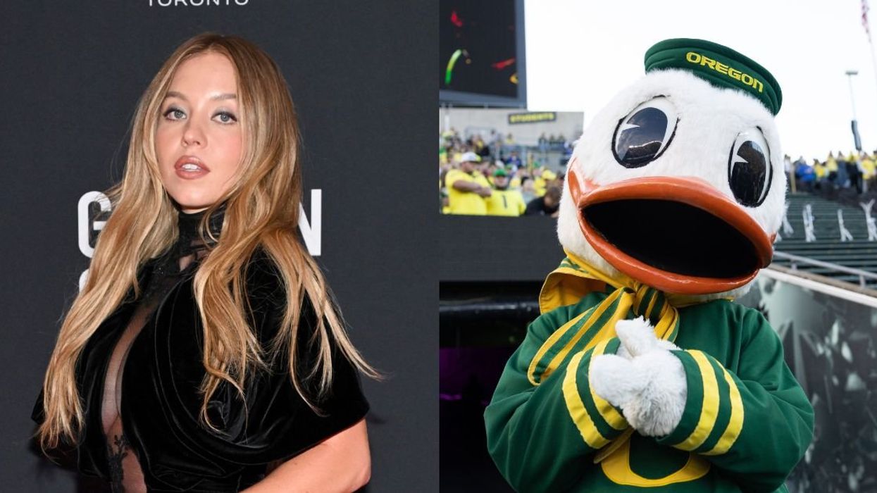 Sydney Sweeney; Puddles duck mascot for University of Oregon
