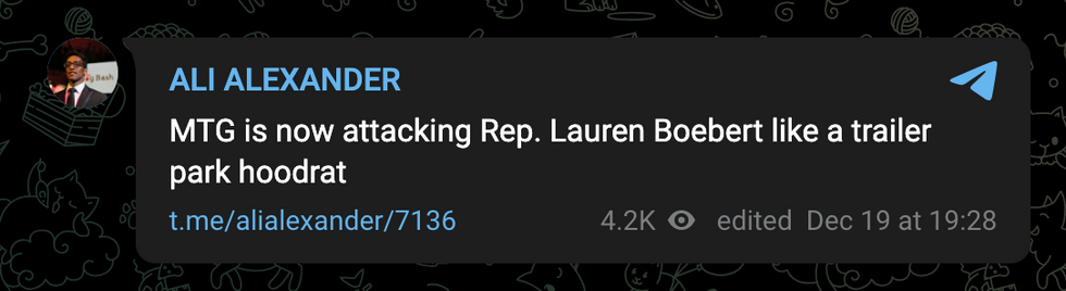 Telegram screenshot of Ali Alexander's post on Telegram