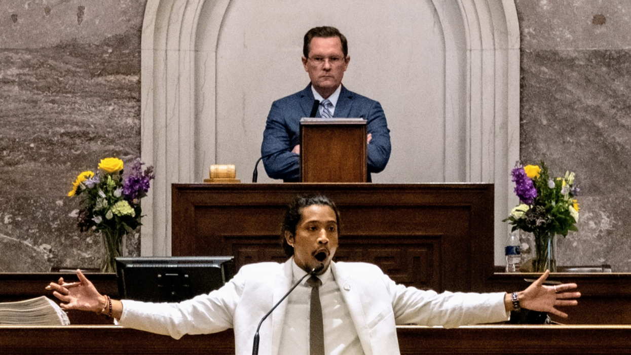 Tennessee Republican House Speaker Cameron Sexton looks on as Democratic state Representative Justin Jones speaks