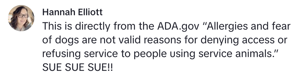 Text about ADA rights for service animal access, urging legal action.