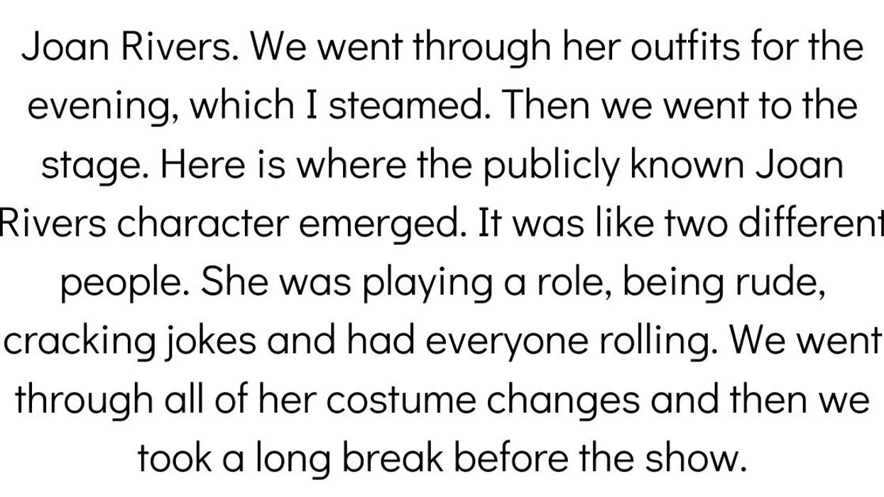 Text about Joan Rivers preparing outfits and performing on stage.