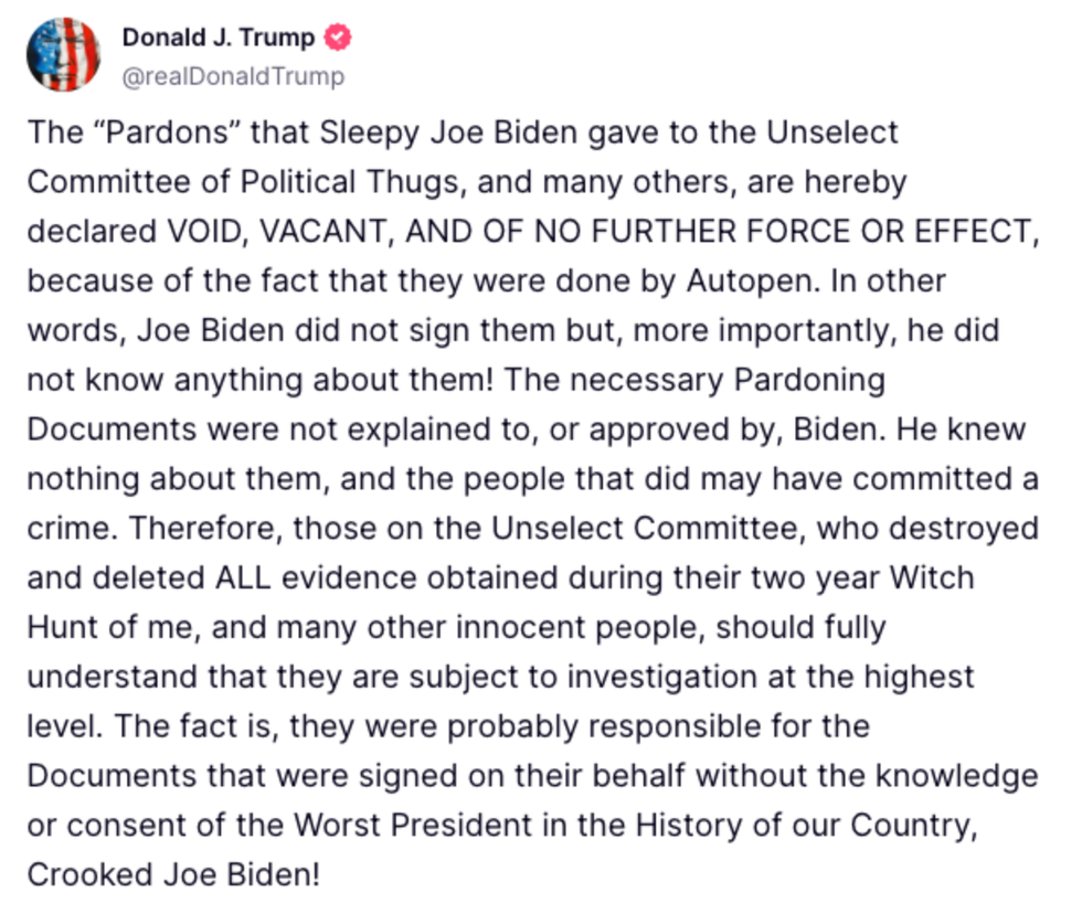 Text post by Donald Trump claiming Biden's pardons are void due to Autopen signing.