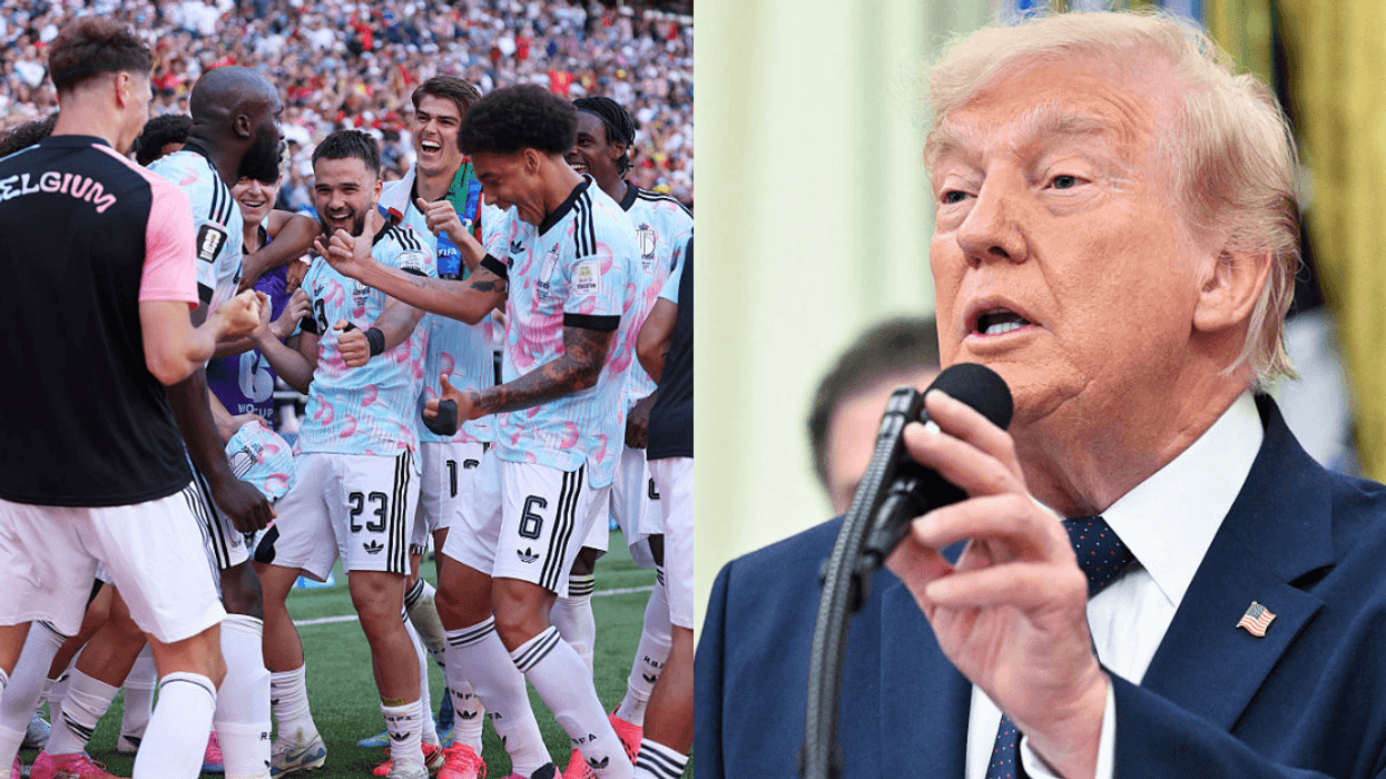 The Belgian soccer team celebrating their victory; Donald Trump