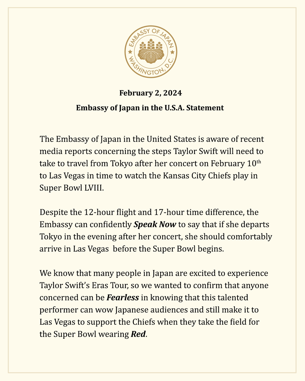 The Japanese Embassy's statement regarding Taylor Swift being able to attend the Super Bowl