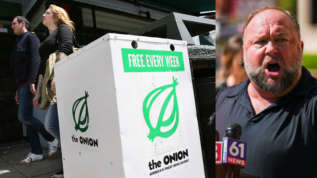 The Onion being sold at a newsstand; Alex Jones