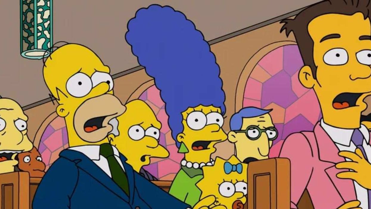 The residents of Springfield react in shock during the church scene where Alice Glick’s fate is discovered in the Season 37 episode “Sashes to Sashes.”