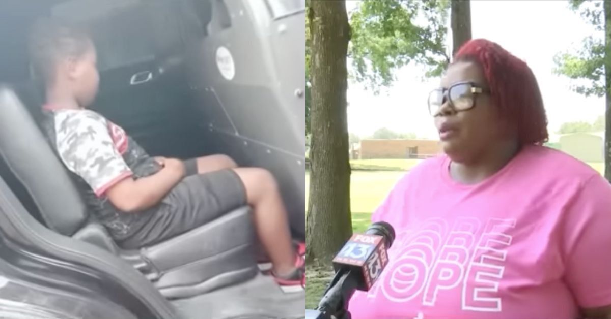 Third-grade boy in the back of a police vehicle; Latonya Eason, the boy's mother