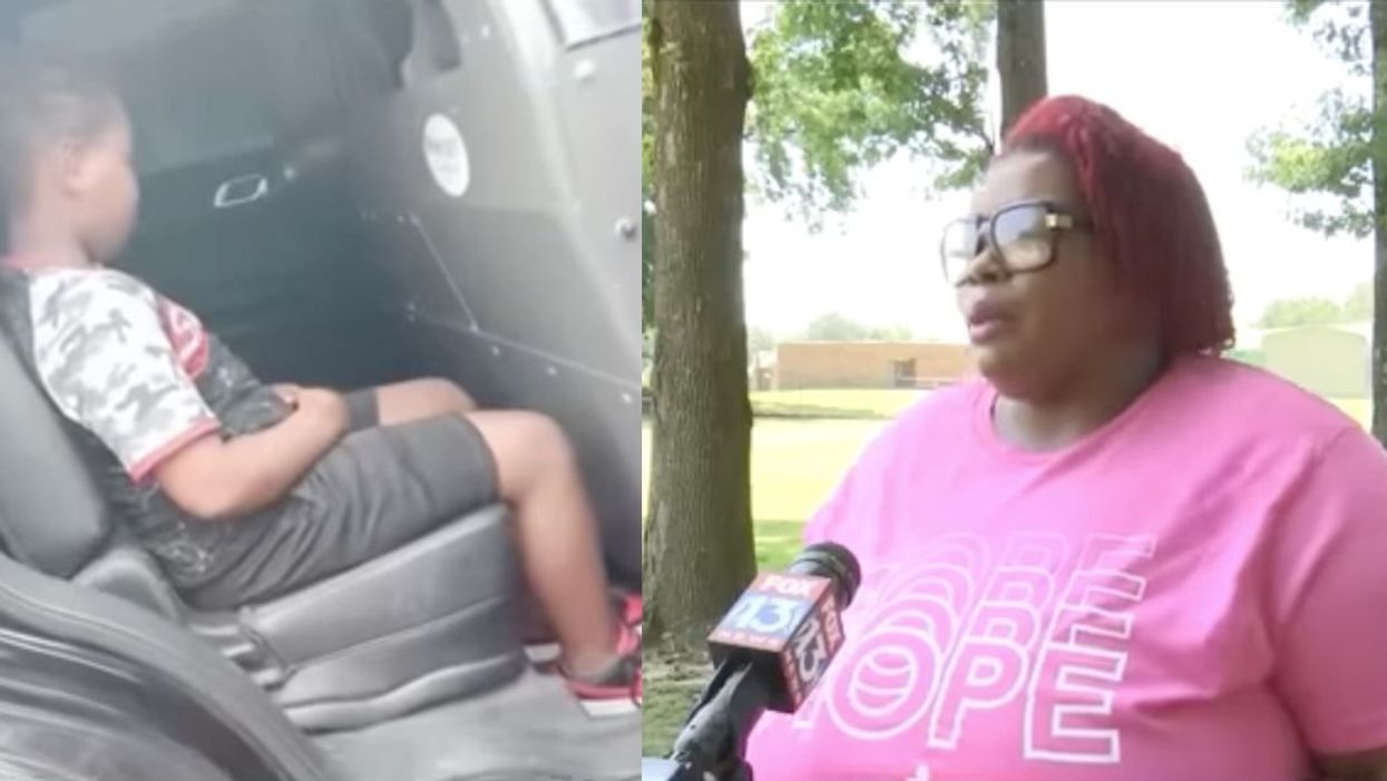 Third-grade boy in the back of a police vehicle; Latonya Eason, the boy's mother