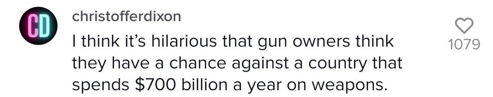 TikTok comment from user christofferdixon "I think it's hilarious that gun owners think they have a chance against a country that spends $700 billion a year on weapons."