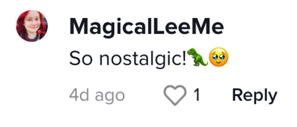 TikTok comment from user MagicalLeeMe: "So nostalgic![dinosaur emoji][face holding back tears emoji]"