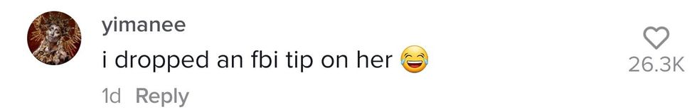 TikTok comment from user yimanee "I dropped an FBI tip on her laughing-crying emoji"