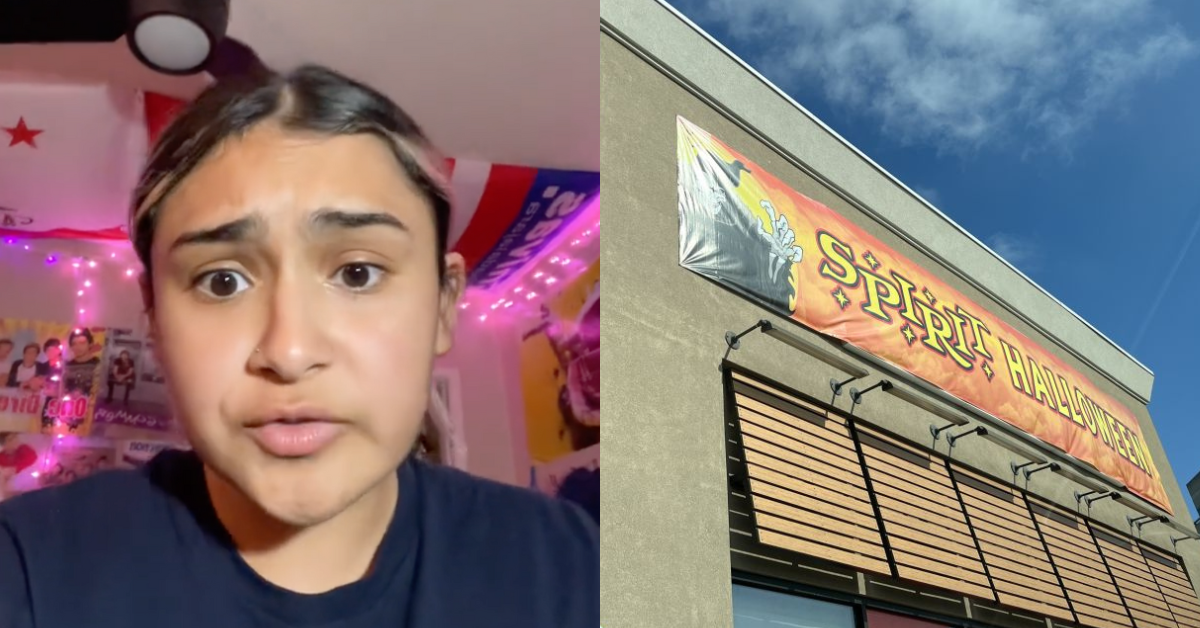 TikTok screenshot of @dankmemeroyalty; Spirit Halloween storefront