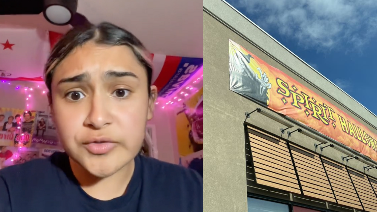 TikTok screenshot of @dankmemeroyalty; Spirit Halloween storefront