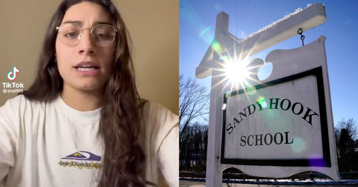 TikTok screenshot of Jackie Matthews; a sign for Sandy Hook Elementary School in Newtown, Connecticut