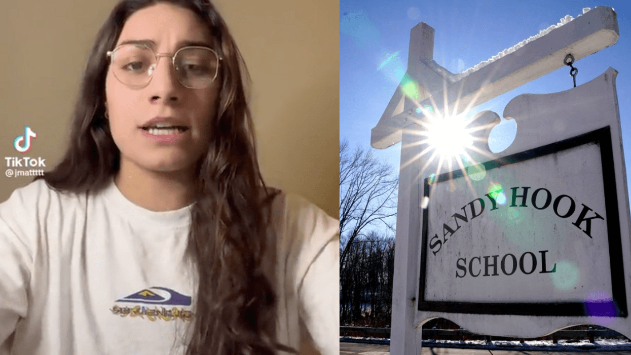 TikTok screenshot of Jackie Matthews; a sign for Sandy Hook Elementary School in Newtown, Connecticut