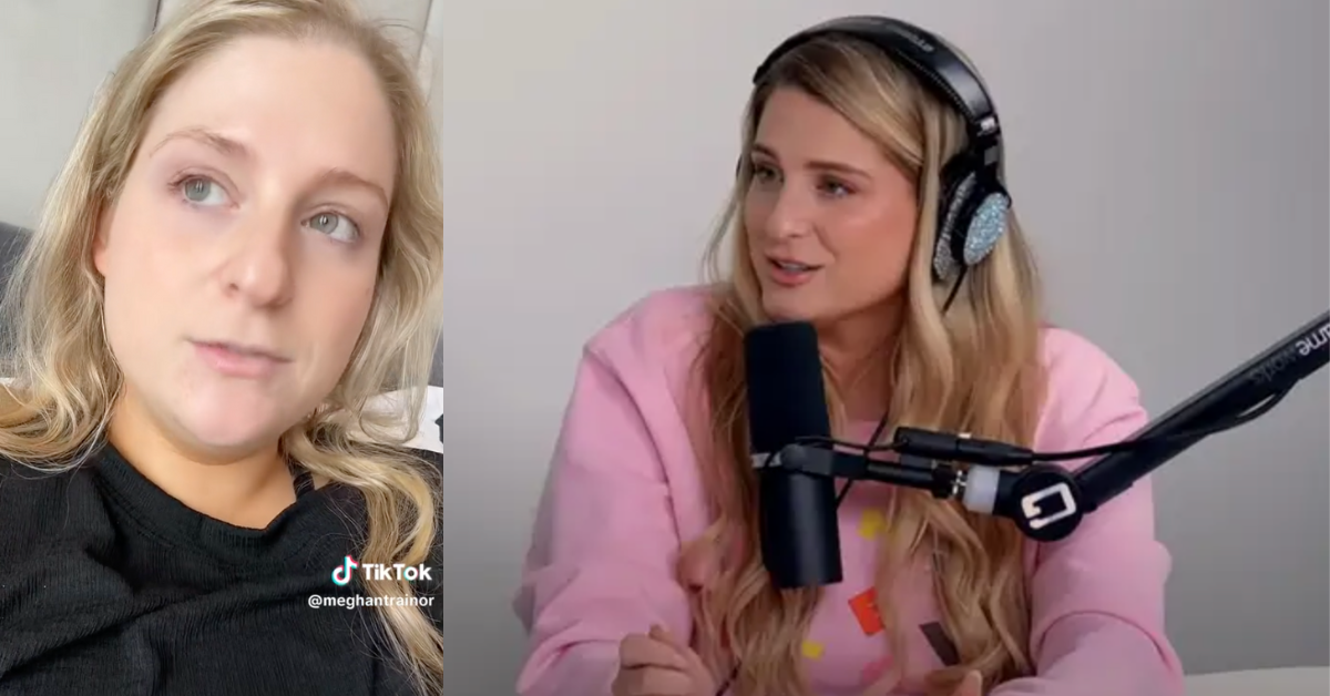 TikTok screenshot of Meghan Trainor from apology video; screenshot of Meghan Trainor from podcast