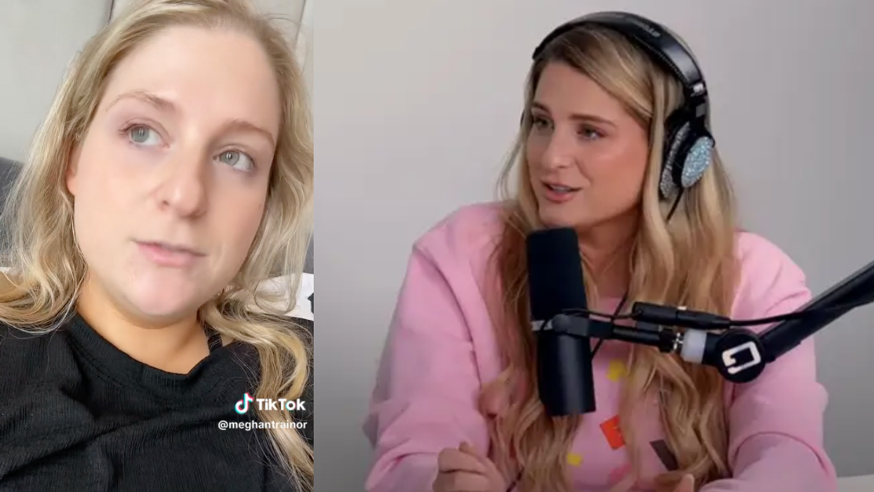 TikTok screenshot of Meghan Trainor from apology video; screenshot of Meghan Trainor from podcast