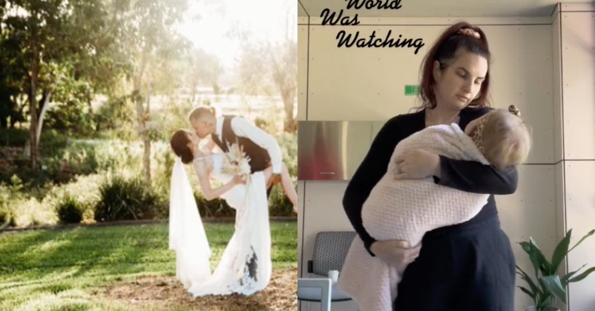 TikTok screenshot of wedding photo; TikTok screenshot of @leah29murphy and daughter