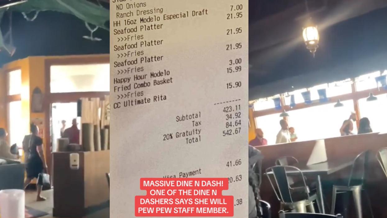 TikTok screenshots from @grizzyshoodnews of people leaving restaurant and restaurant bill