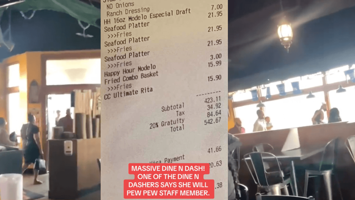 TikTok screenshots from @grizzyshoodnews of people leaving restaurant and restaurant bill