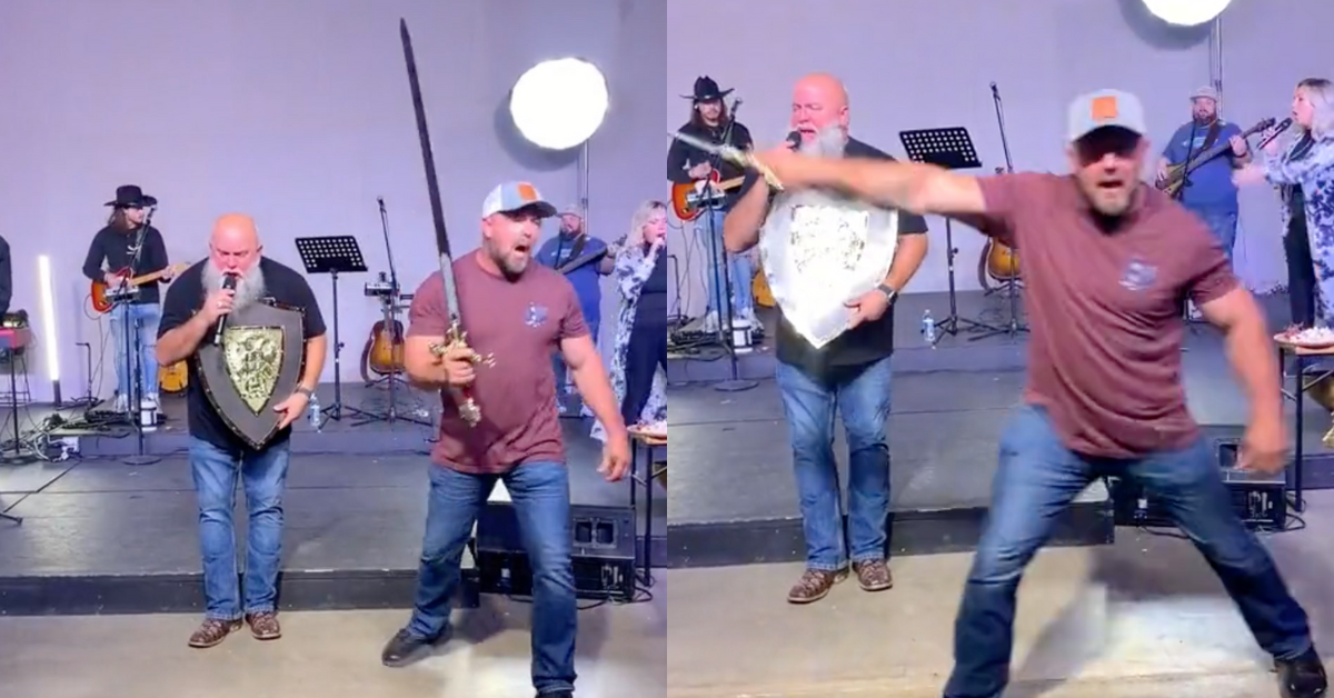 TikTok screenshots of a Christian man swinging a sword from @ma_green/TikTok's video