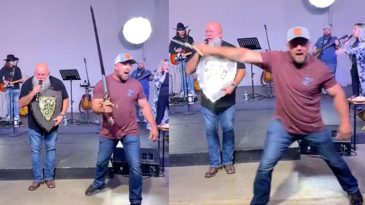 TikTok screenshots of a Christian man swinging a sword from @ma_green/TikTok's video