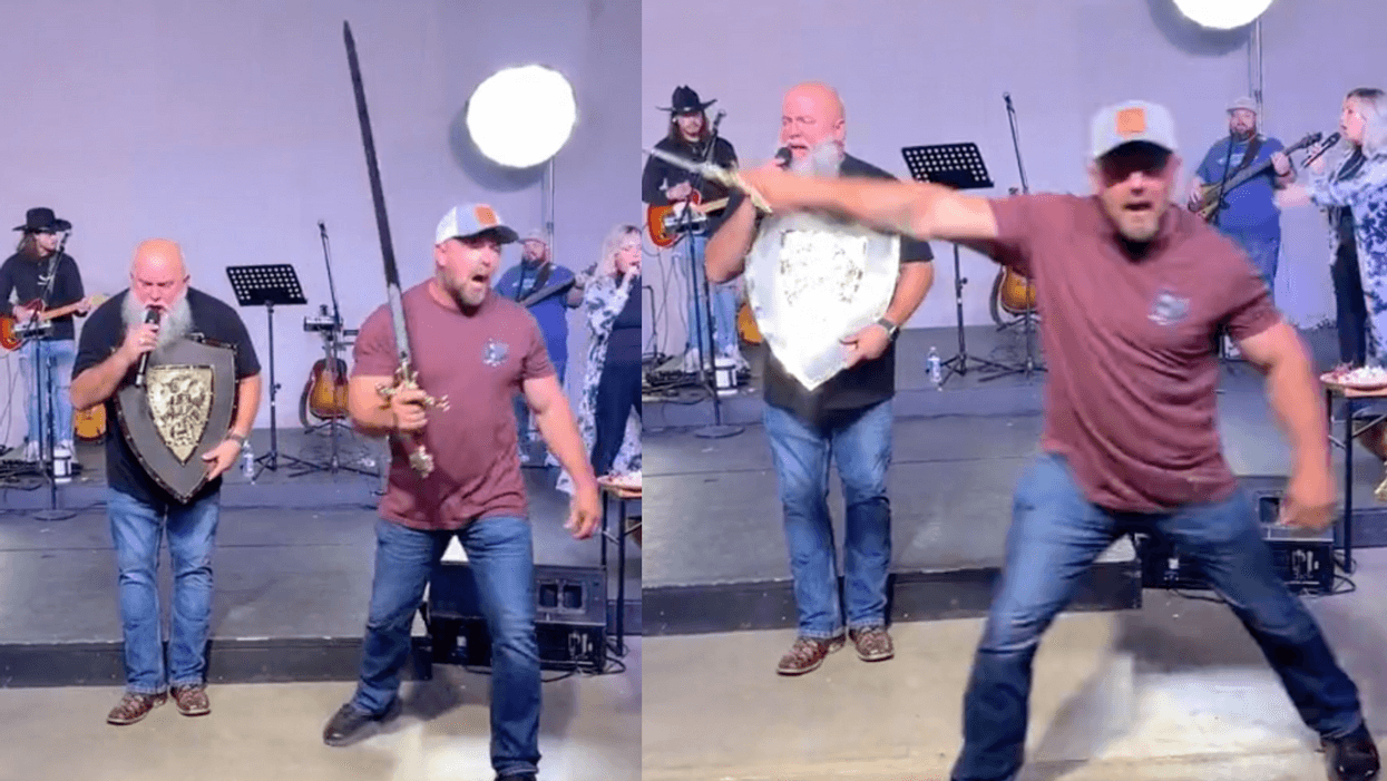 TikTok screenshots of a Christian man swinging a sword from @ma_green/TikTok's video