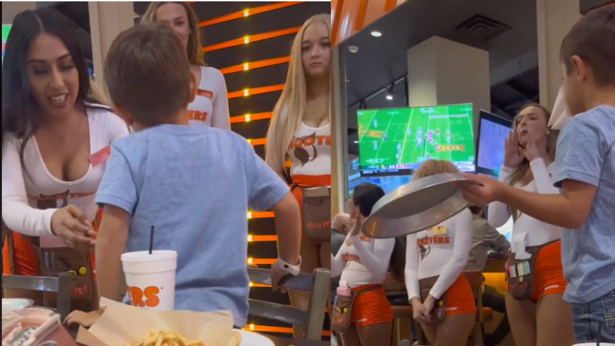 TikTok screenshots of boy at a Hooters restaurant, surrounded by singing waitresses.