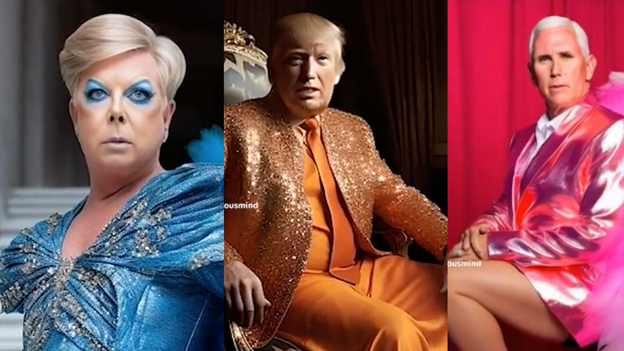 TikTok screenshots of Lindsey Graham, Donald Trump, and Mike Pence as AI drag queens