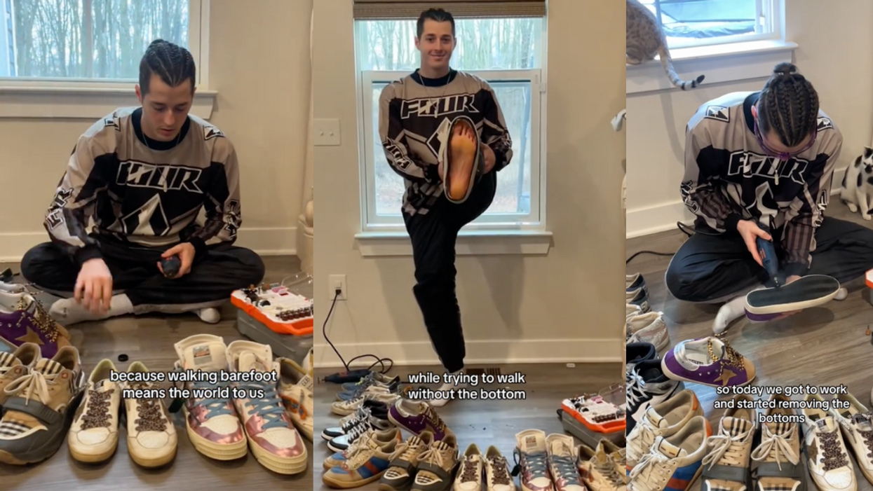 TikTok screenshots of man cutting off bottoms of shoes